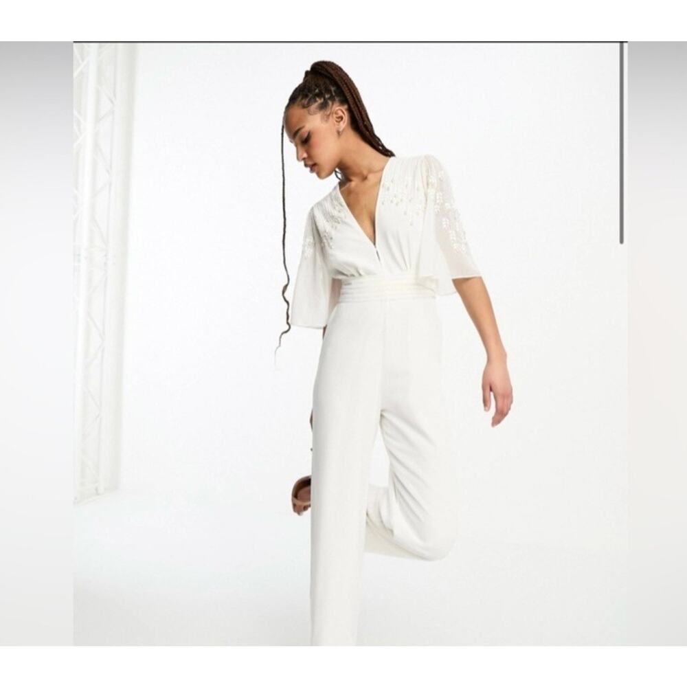 ASOS Hope & Ivy Bridal Embellished Bow Back Jumpsuit In Ivory Size 12